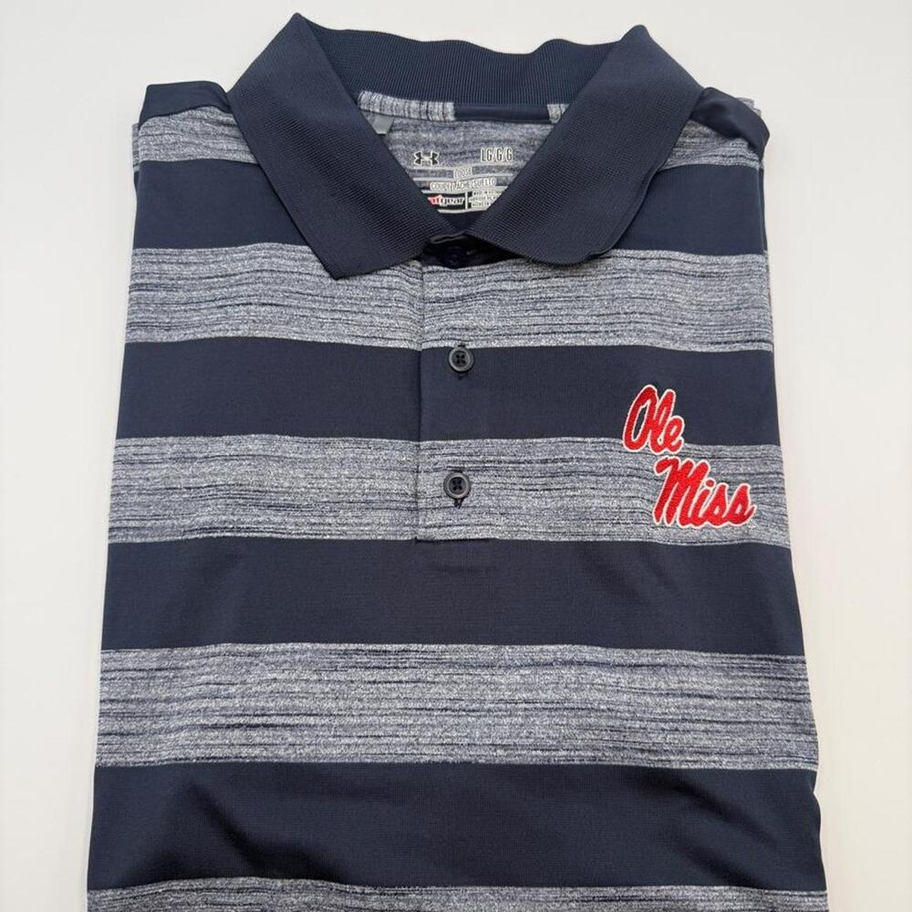 Under armor ole miss university polo navy blue striped polo size XL